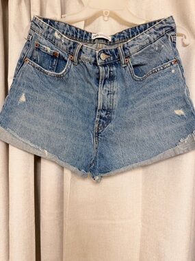 ZARA Light Blue Distressed High-Waist Denim Shorts